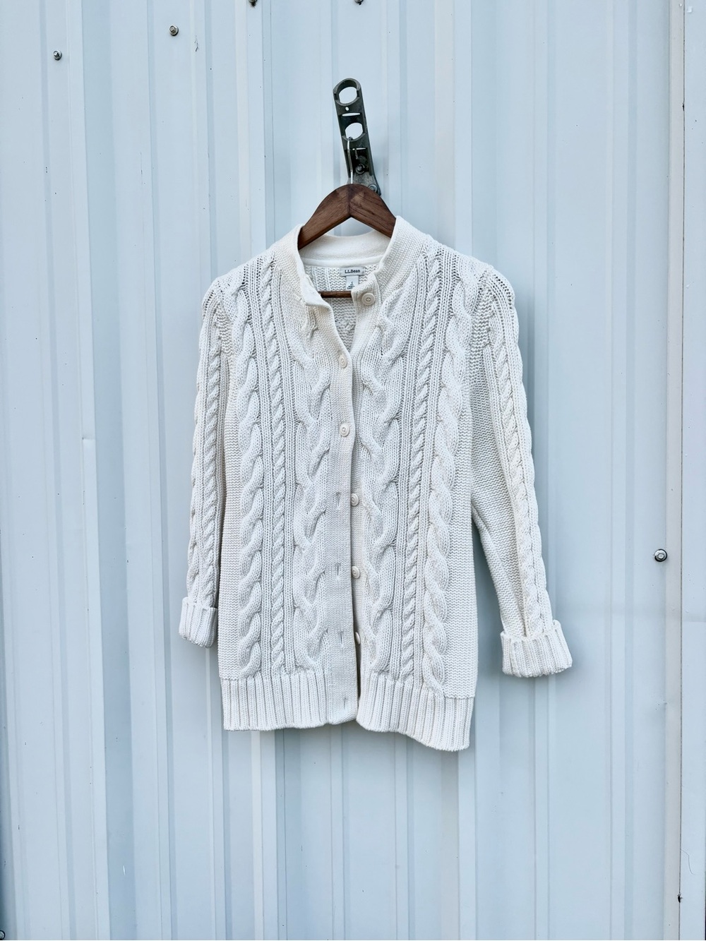LL Bean 100% Cotton Women's Size S Button Cardigan White Chunky Cable sweater